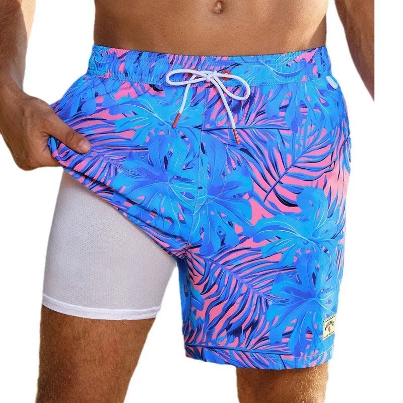 Men's loose fit boxer swimming trunks in quick-drying spandex with floral pattern