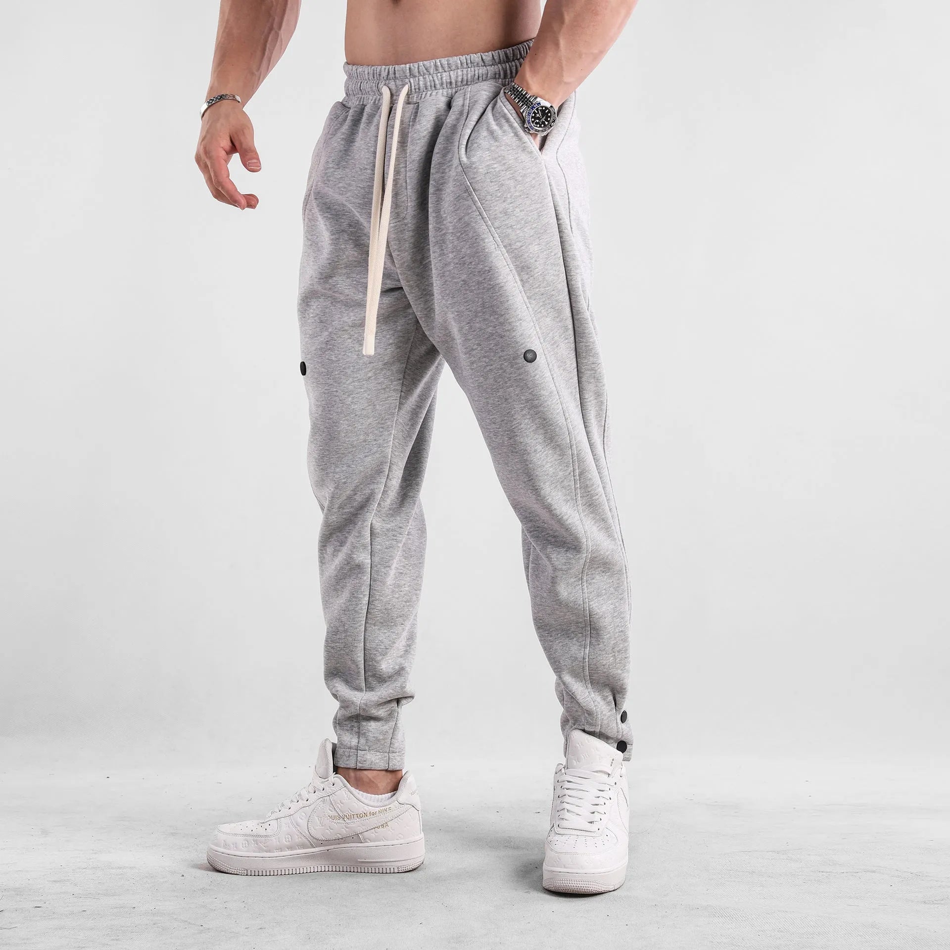 Men's loose fit casual sports trousers in cotton, mid waist, available in multiple colours