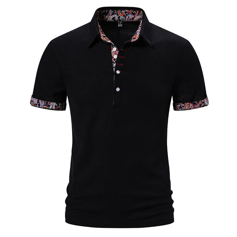 Men's black polo shirt with colour stitching detail on the turnover collar and short sleeves.