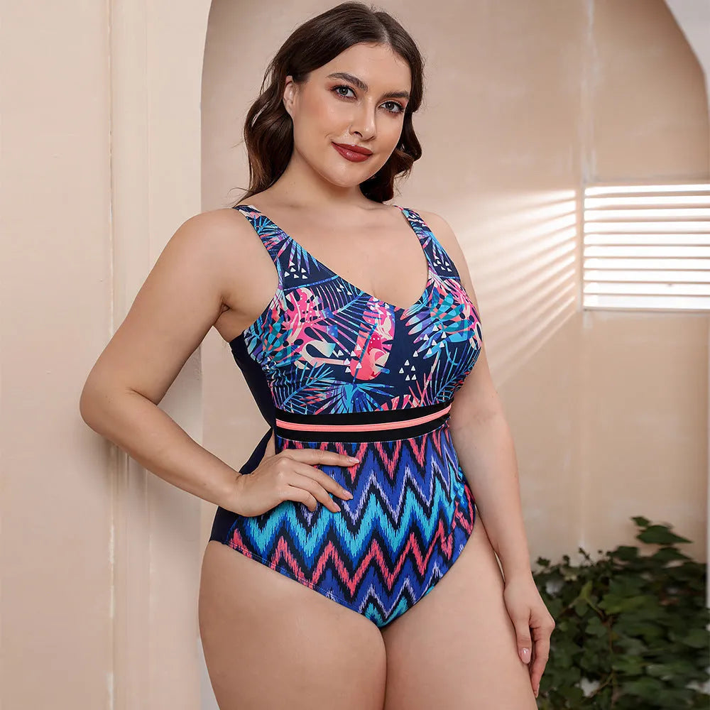 Women's blue printed one-piece swimsuit with spaghetti straps and striped vest design for swimming