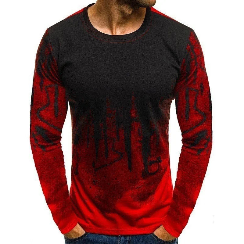 Men's grey long sleeve T-shirt with digital print pattern, autumn winter sports top, sizes S to 6XL
