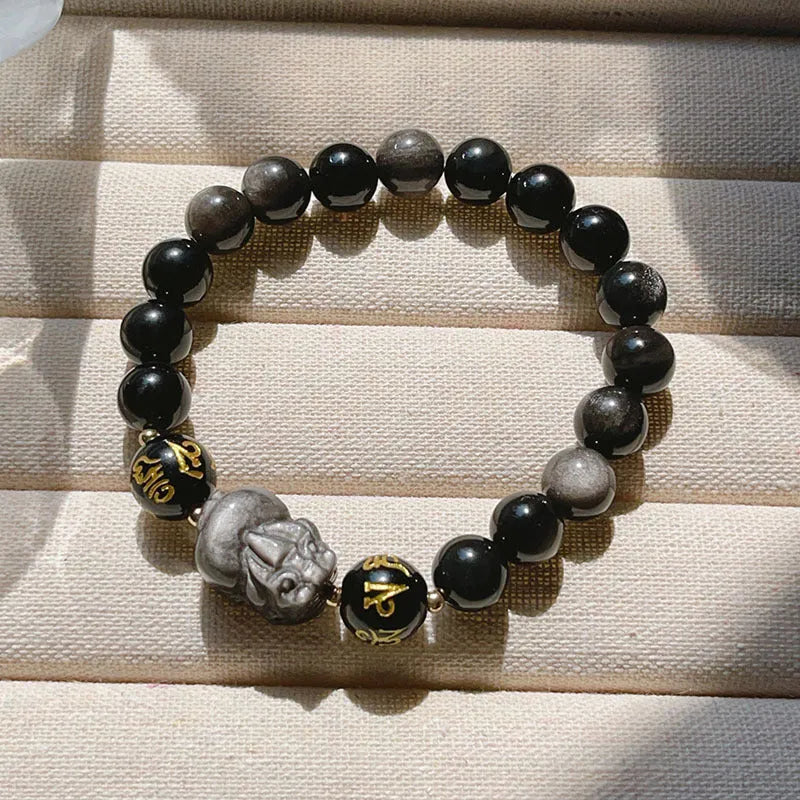 Natural silver stone bracelet for men with engraved zodiac symbols and beaded design