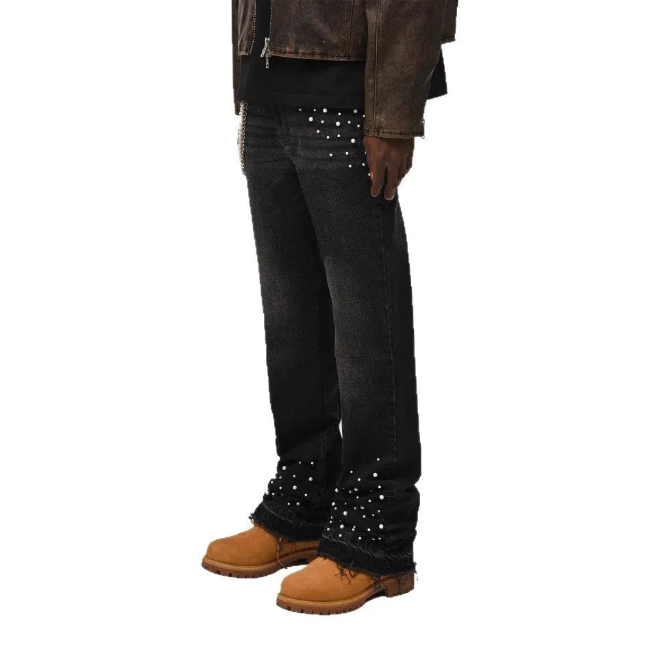 Men's straight-leg elastic diamond denim pants in light blue and black, sizes S to XL, cotton fabric.
