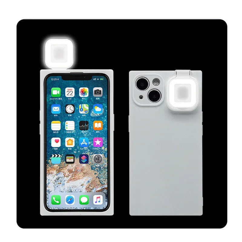 Ring flash mobile phone back cover case for Apple iPhone 13 models in pink, green, and white colours