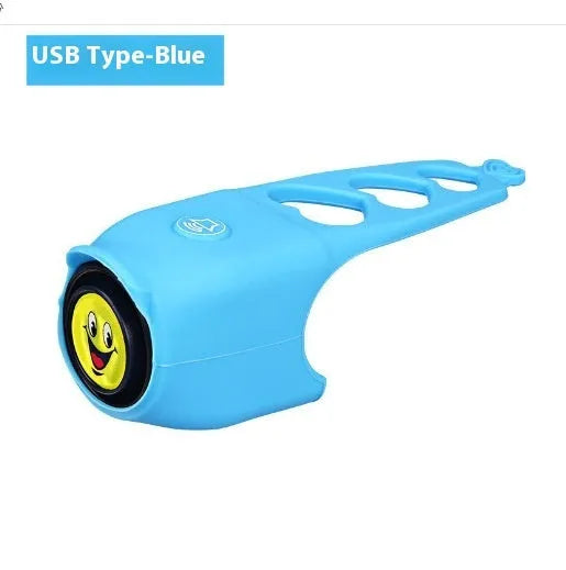 Plastic electronic bicycle horn in six colour choices showing compact size for handlebar mounting.