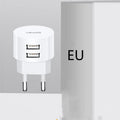 White portable universal dual USB phone charger with US, EU and UK plugs