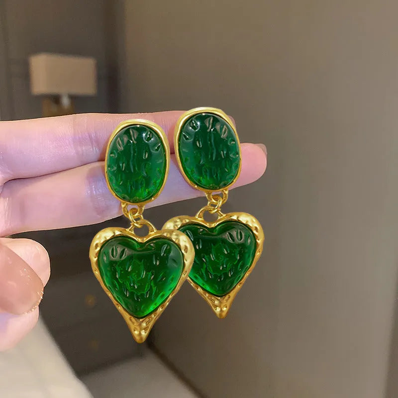 Silver needle pleated oval love heart stud earrings in purple, red, green, yellow and white colour options