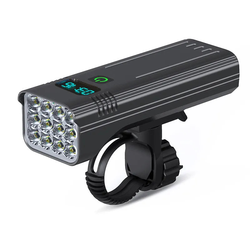 Black KX12DF digital bicycle headlight with display screen mounted on 360-degree quick-release bracket.