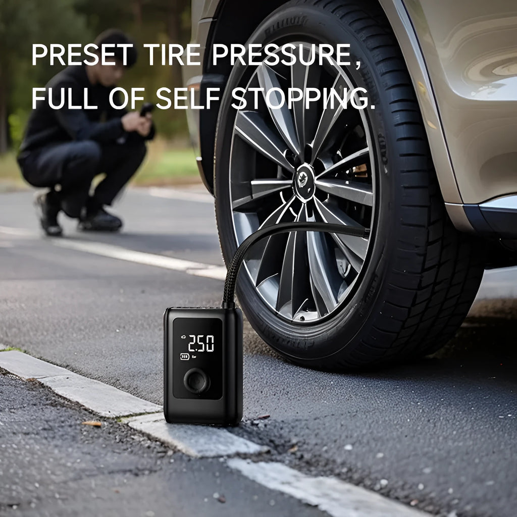 Portable 12V ABS car tyre inflator with LED light and built-in tire pressure gauge