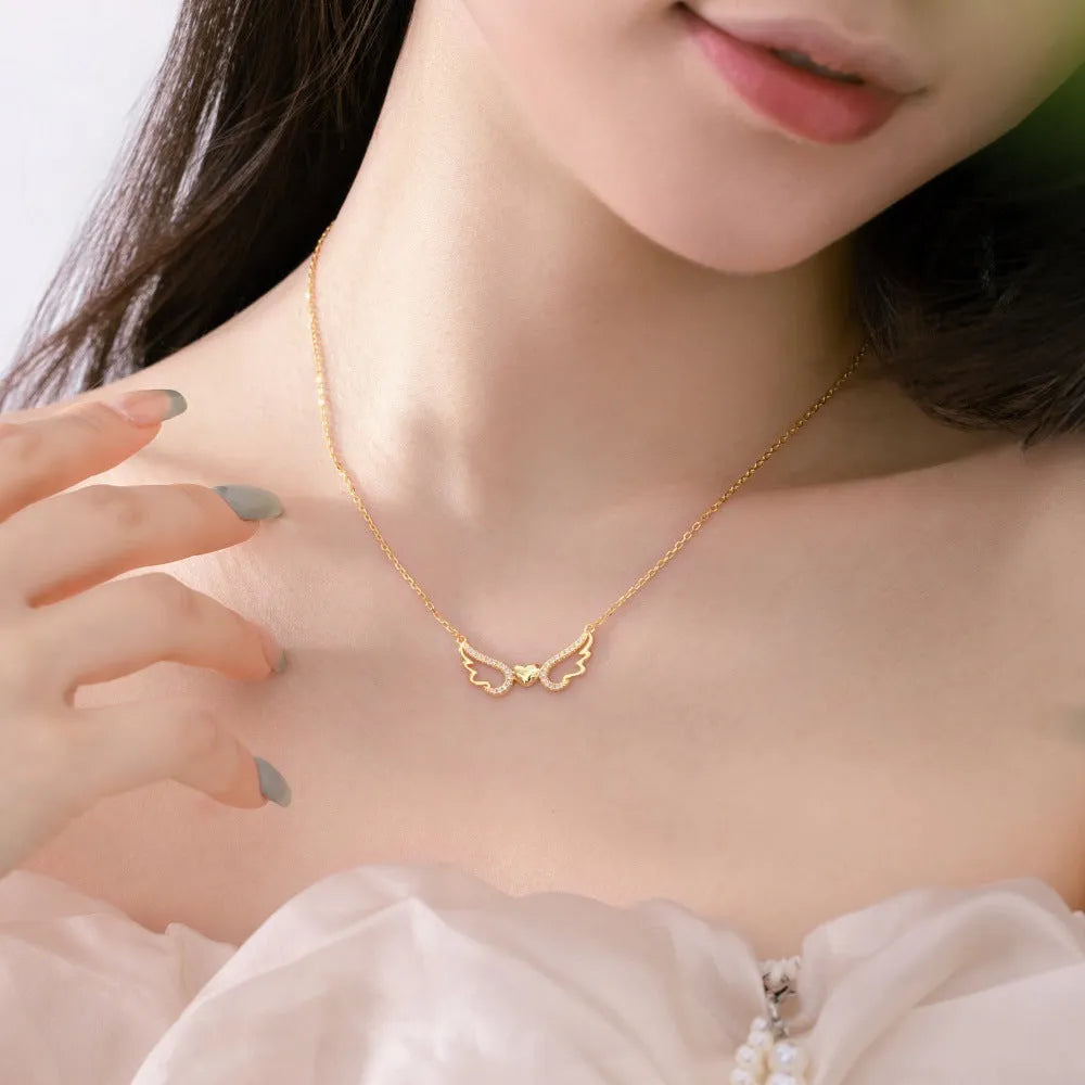 925 silver hollow-out wings love pendant necklace in platinum finish