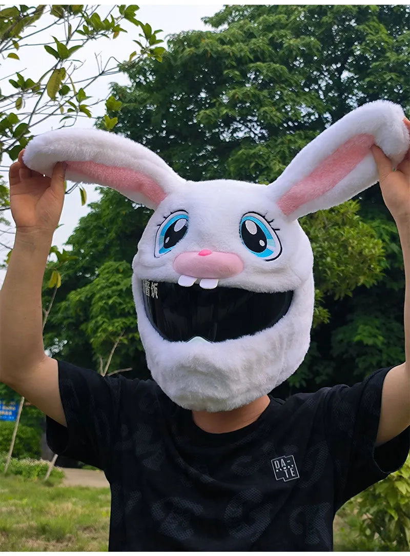 White rabbit head plush helmet cover for electric motorcycle with long ears