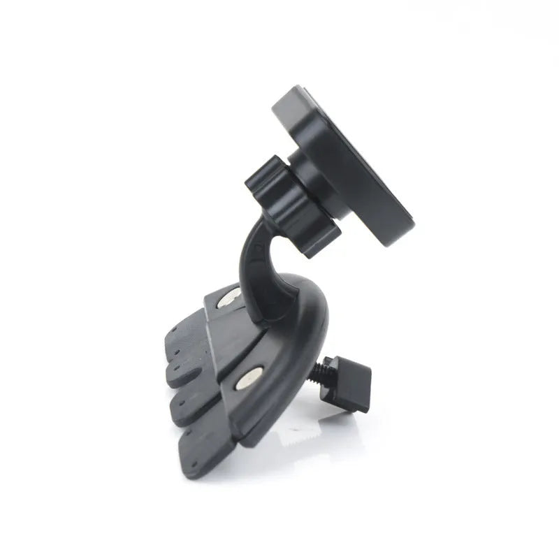 Black car phone holder inserted in CD port with adjustable clamp holding a smartphone horizontally for GPS navigation