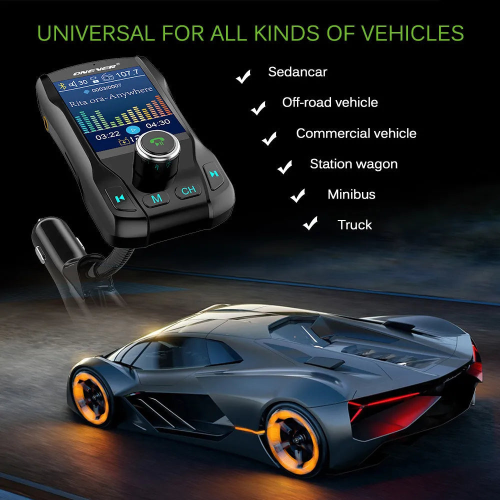 Car Bluetooth FM transmitter with colour screen showing FM frequency and dual USB charging ports