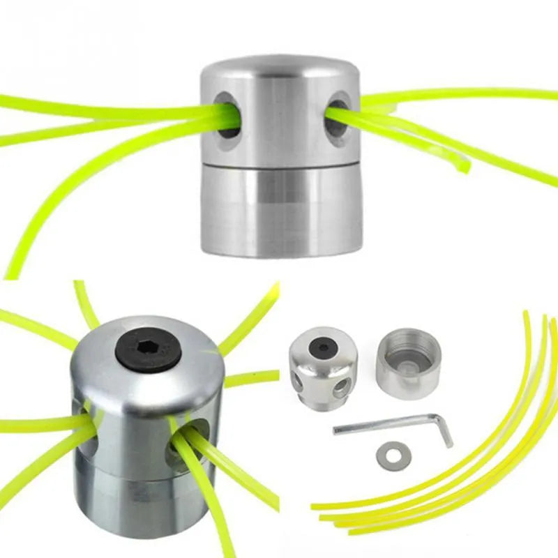 Silver aluminium lawn mower trimmer head with four light yellow grass lines, wrench, and gasket.