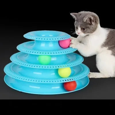 Interactive four-layer cat turntable toy with ball tower tracks, plastic, 16x29cm, in pink, blue, or orange