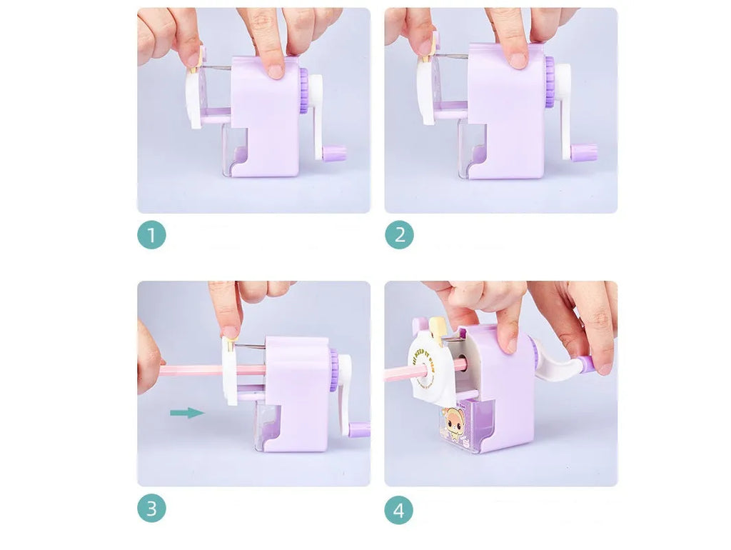 Cartoon cute pet manual pencil sharpener in blue, green, pink, or purple colour on a desk.