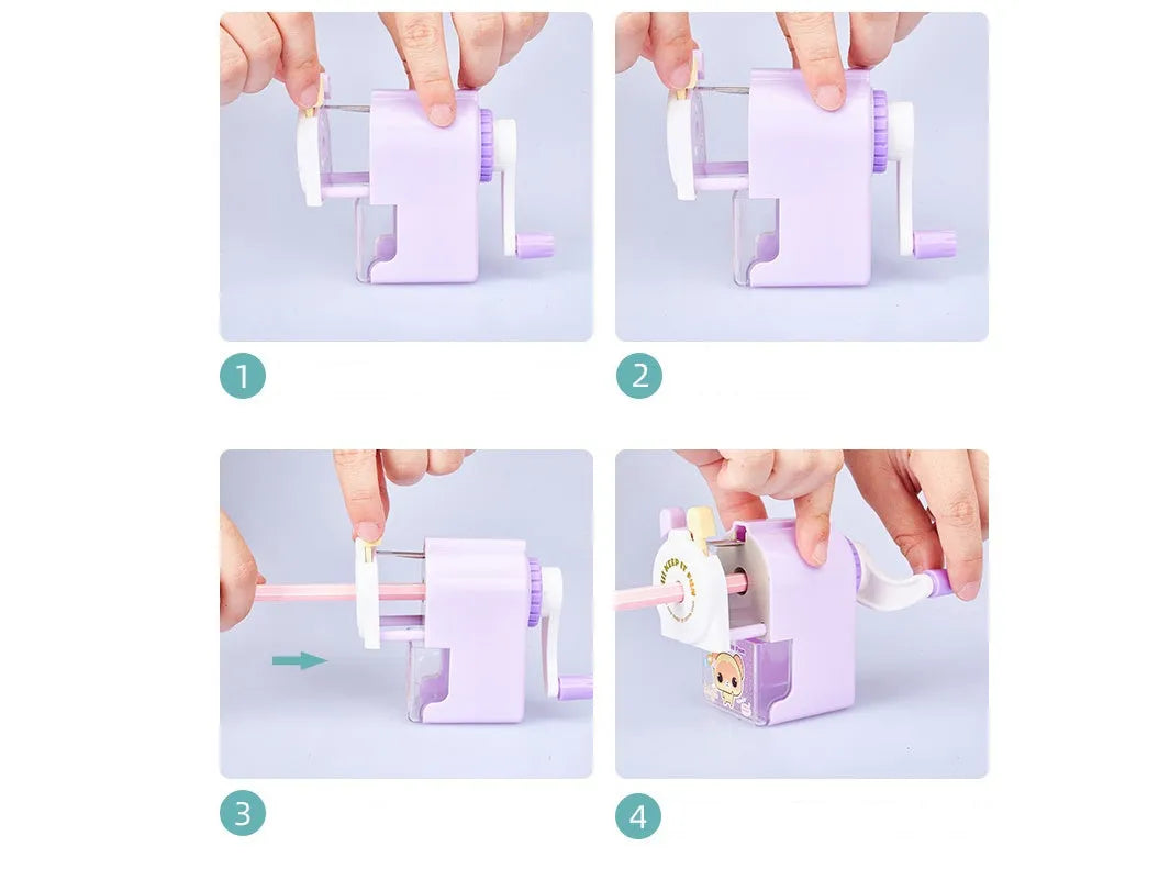 Cartoon cute pet manual pencil sharpener in blue, green, pink, or purple colour on a desk.