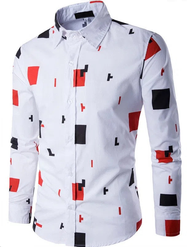 Mens casual long sleeve white cotton button-down shirt on hanger, front view