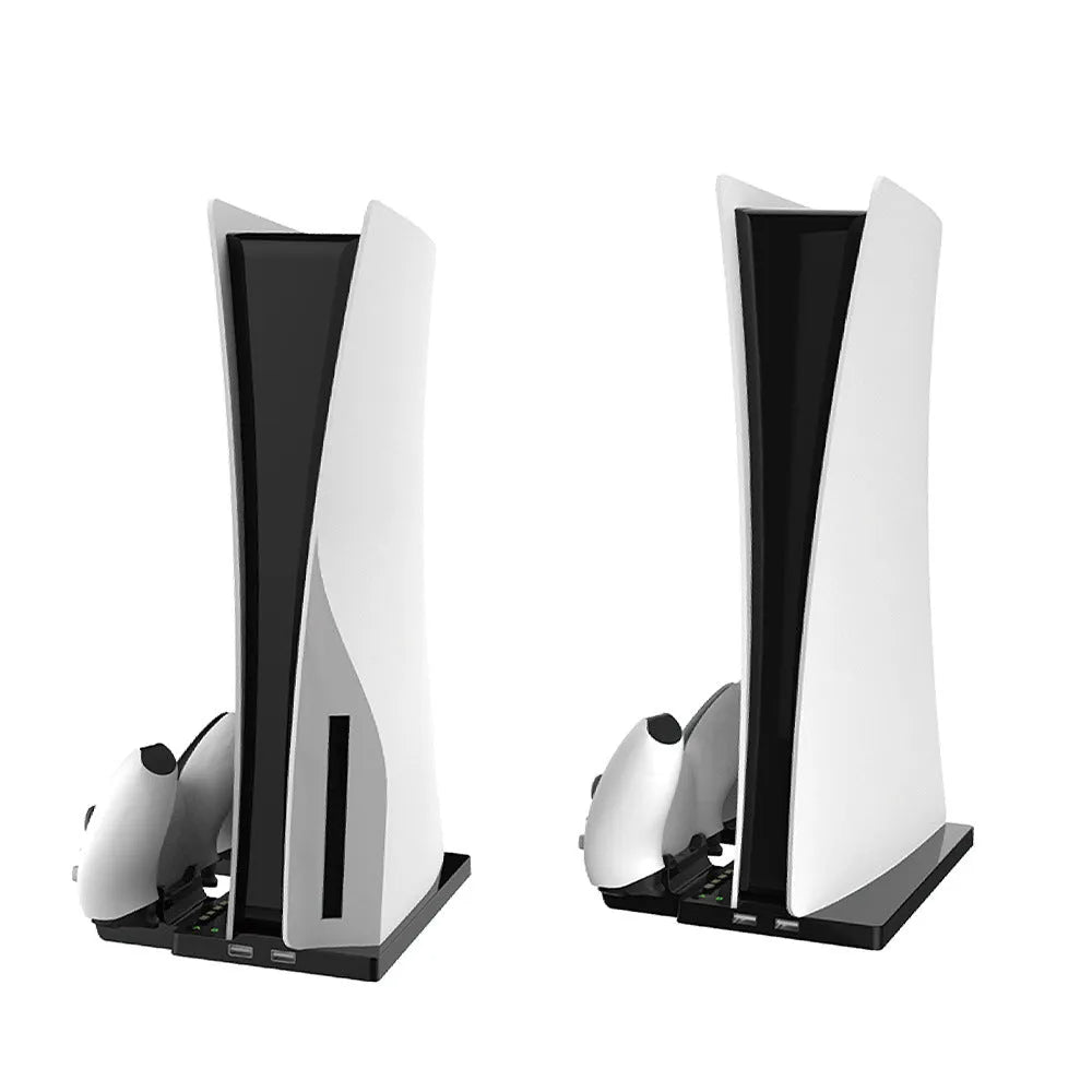 PS5 multi-function charger stand in black with USB cable, holding console and Bluetooth controller
