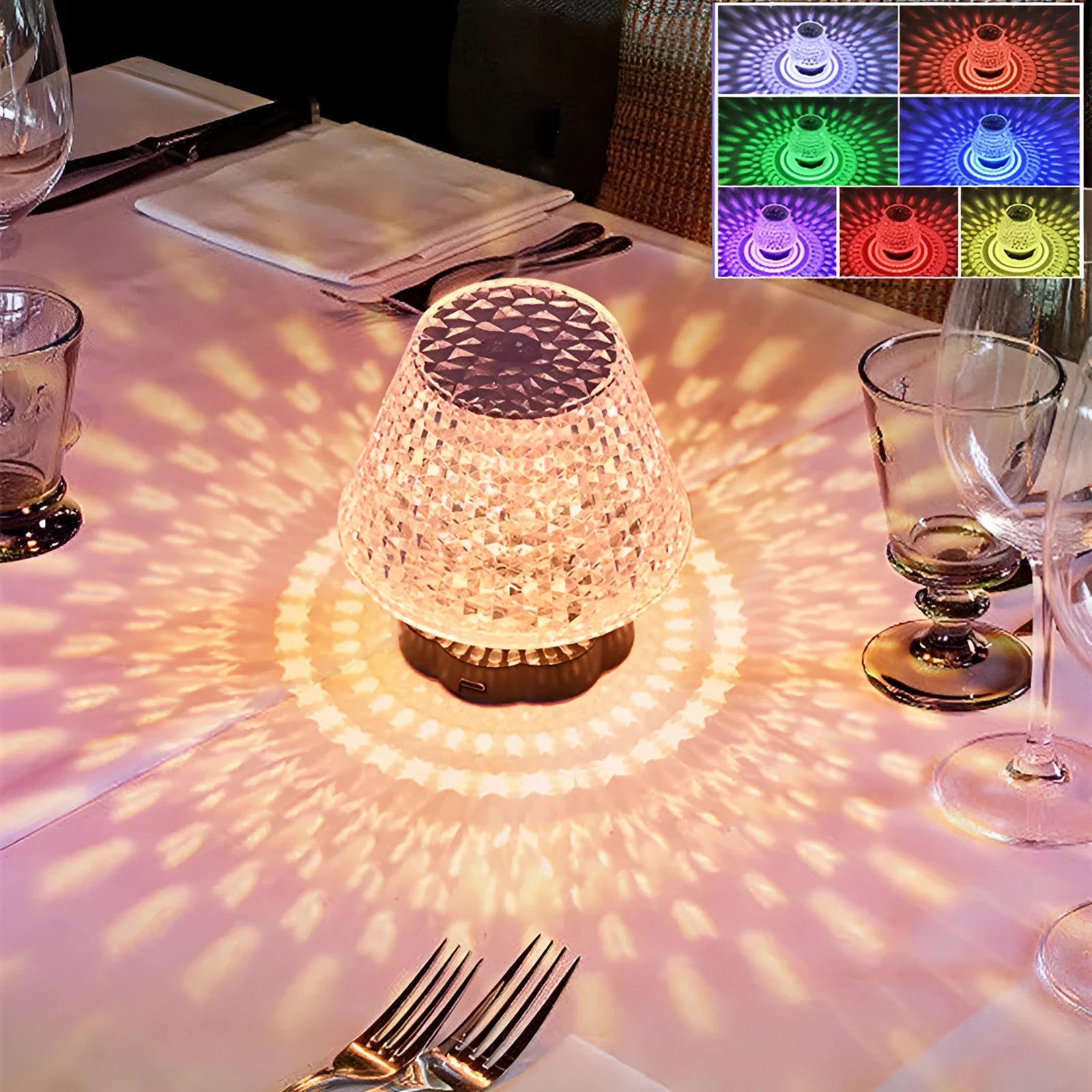 Crystal decorative table lamp with touch base on a nightstand, showing colour changing LED light.