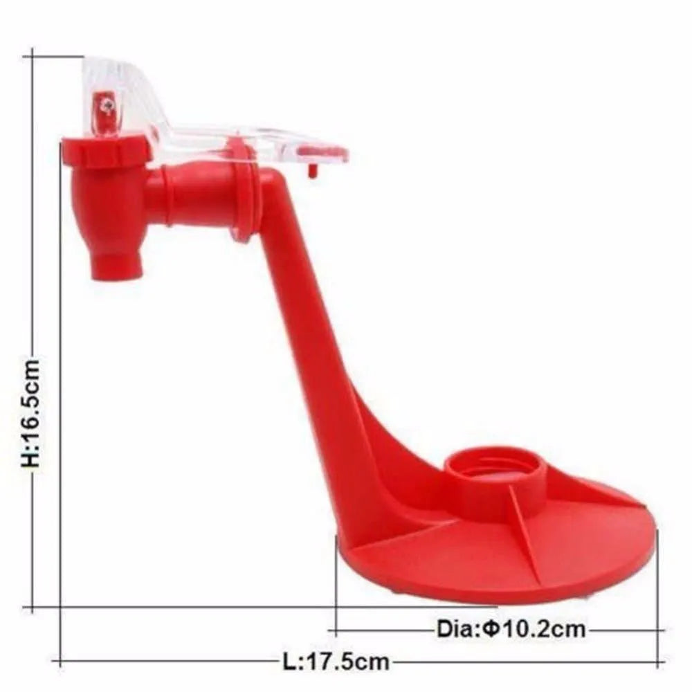 Red plastic Magic Tap soda drink dispenser attached to an inverted 2-litre bottle.