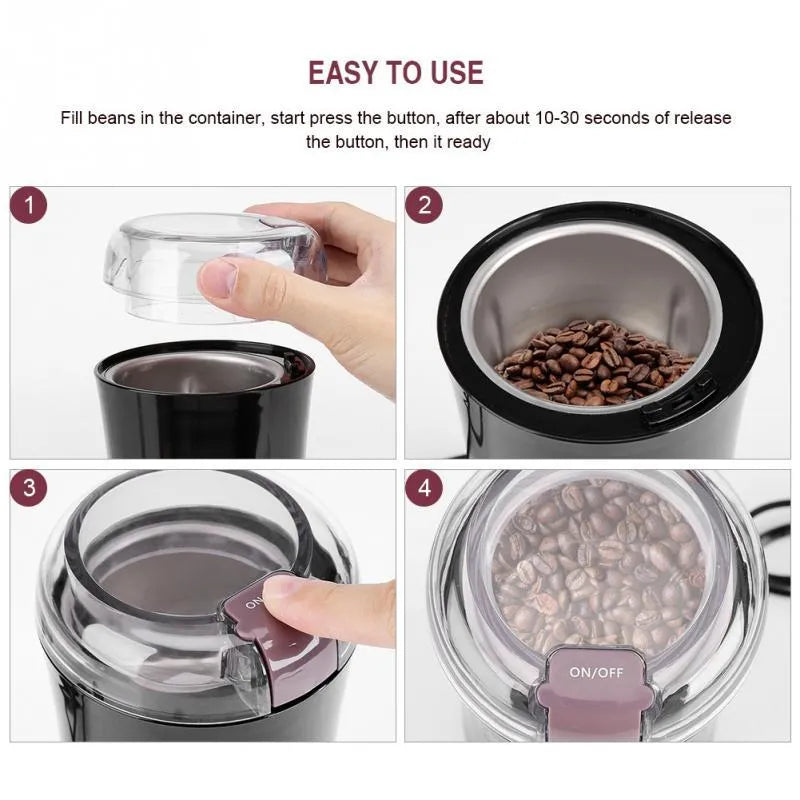 Black mini electric grinder with stainless steel liner for grinding coffee beans and nuts