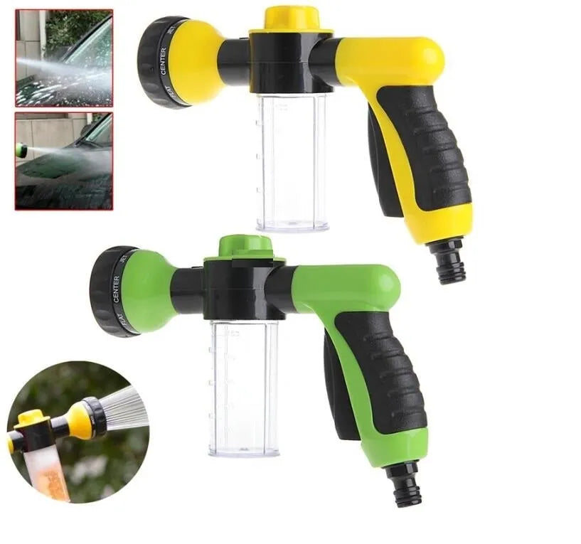 Green high-pressure foam spray gun with adjustable nozzle for car washing and garden use