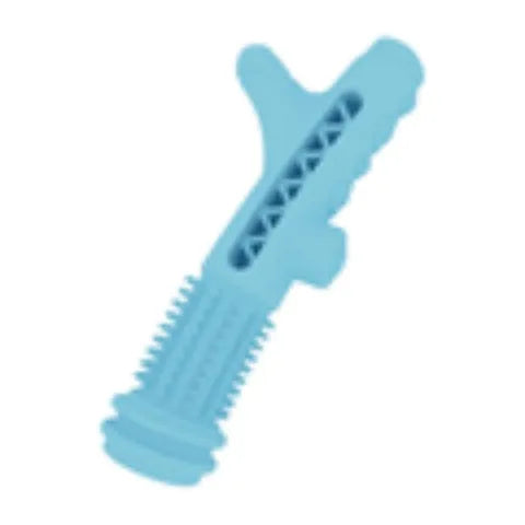 TPR dental tree branch chew toy for small dogs in blue, green, or pink colours.