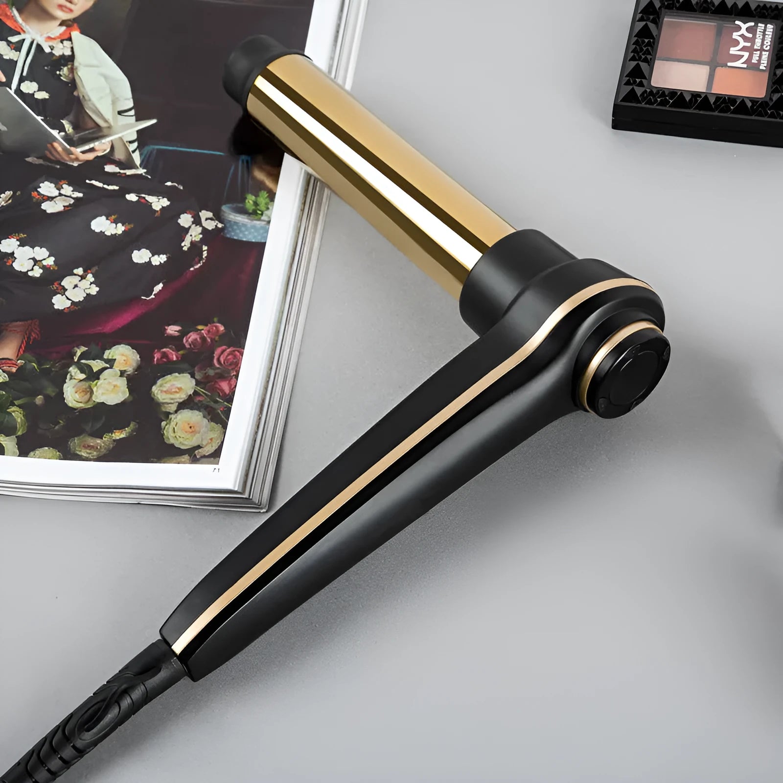 Gold aluminium alloy hair curler with LCD screen and ceramic-coated heating tube on surface