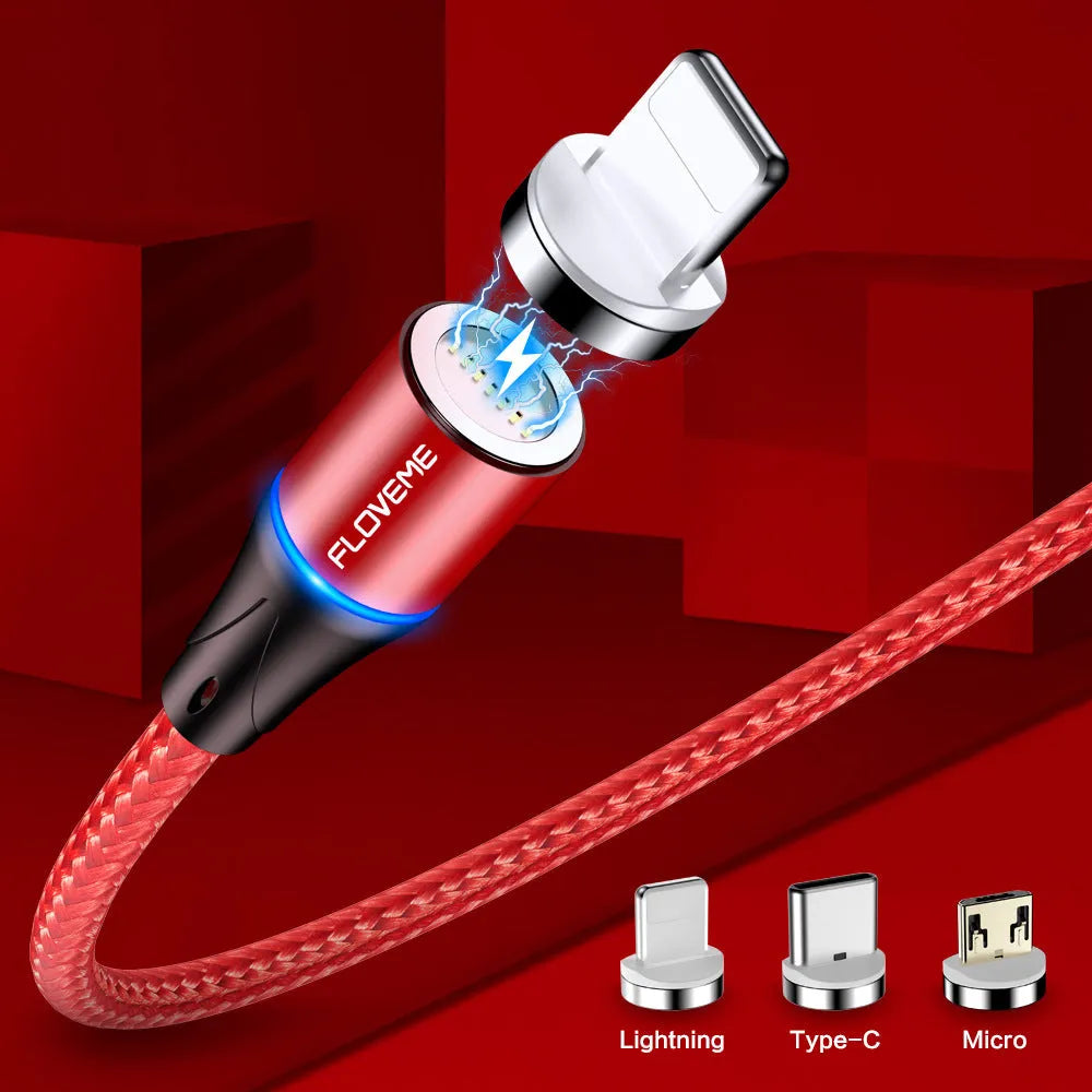Magnetic USB-C fast charging data cable with side indicator light in black, red, or silver