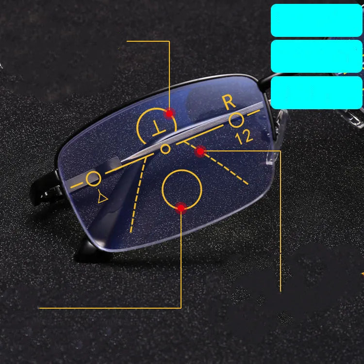 Men's dual-use presbyopia glasses with metal frame and clip in black colour