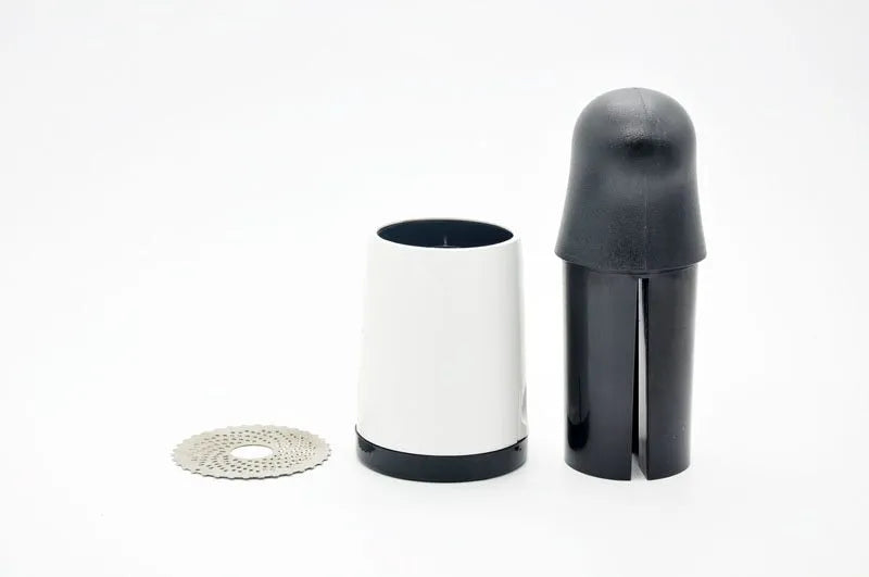Stainless steel rotary cheese grater in black and white, 17cm tall, with two blades for grating chocolate and cheese