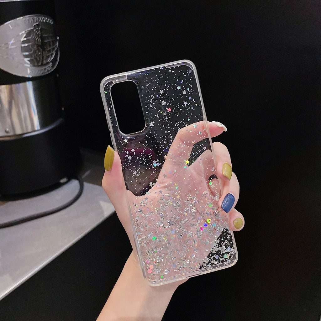Starry sky silver foil epoxy TPU phone case for iPhone, available in five colours including black, green, pink, purple, transparent