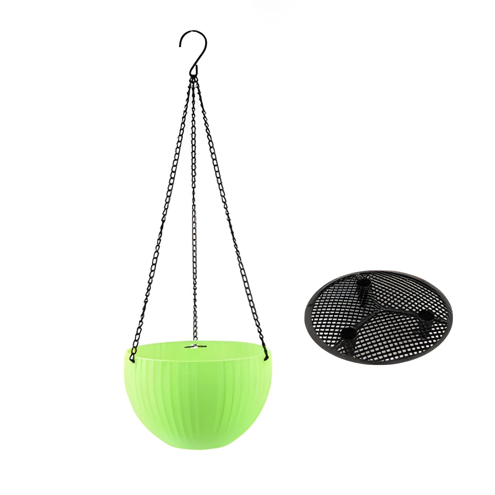Plastic hanging basket planter with inner pot and metal chain, shown in green colour.