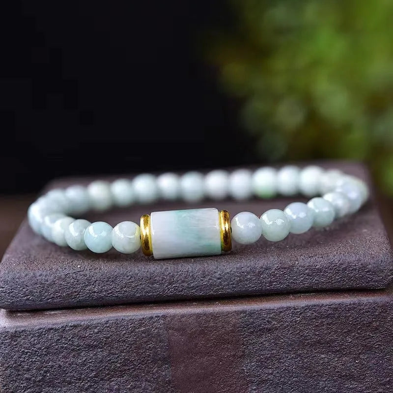 Natural Myanmar jade stone bracelet with round ice jade beads in emerald colour, ethnic geometric design