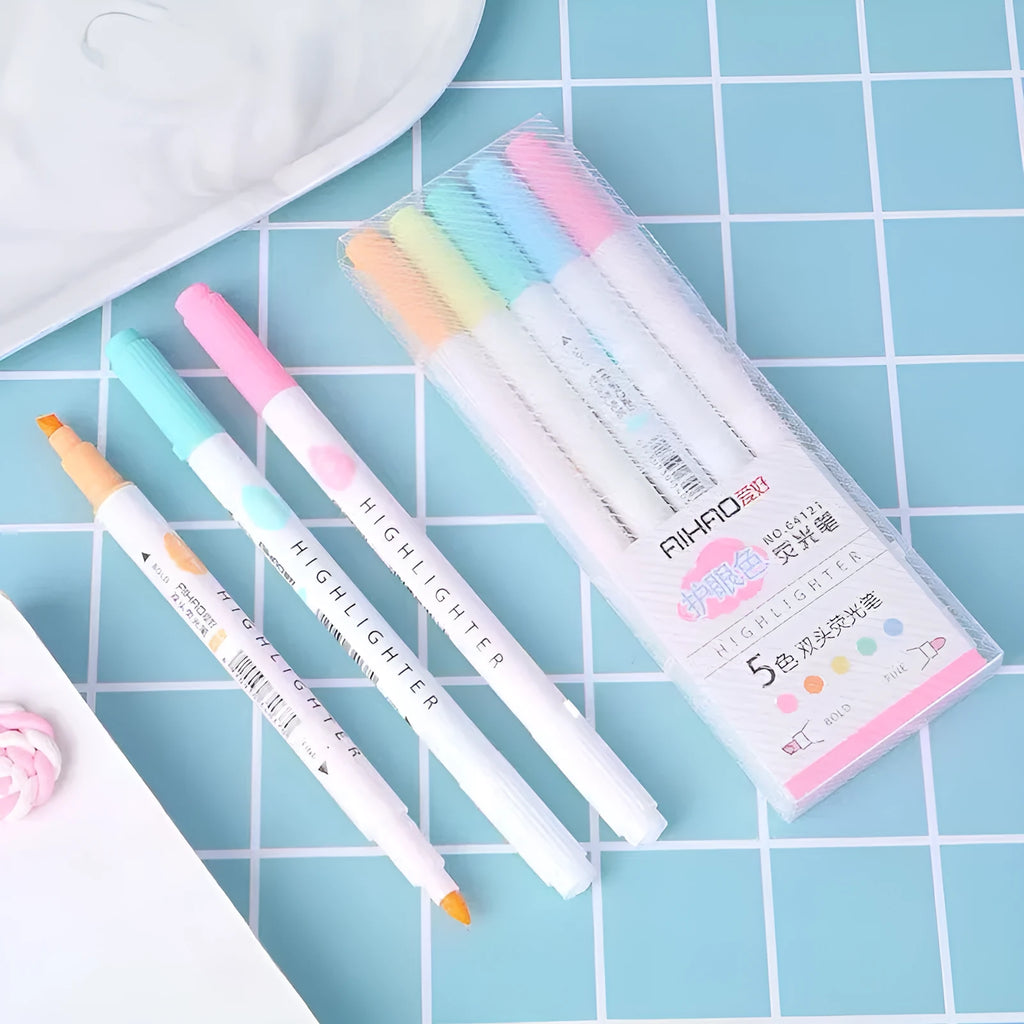 Five double head eye protection highlighter pens in assorted colours set packaging