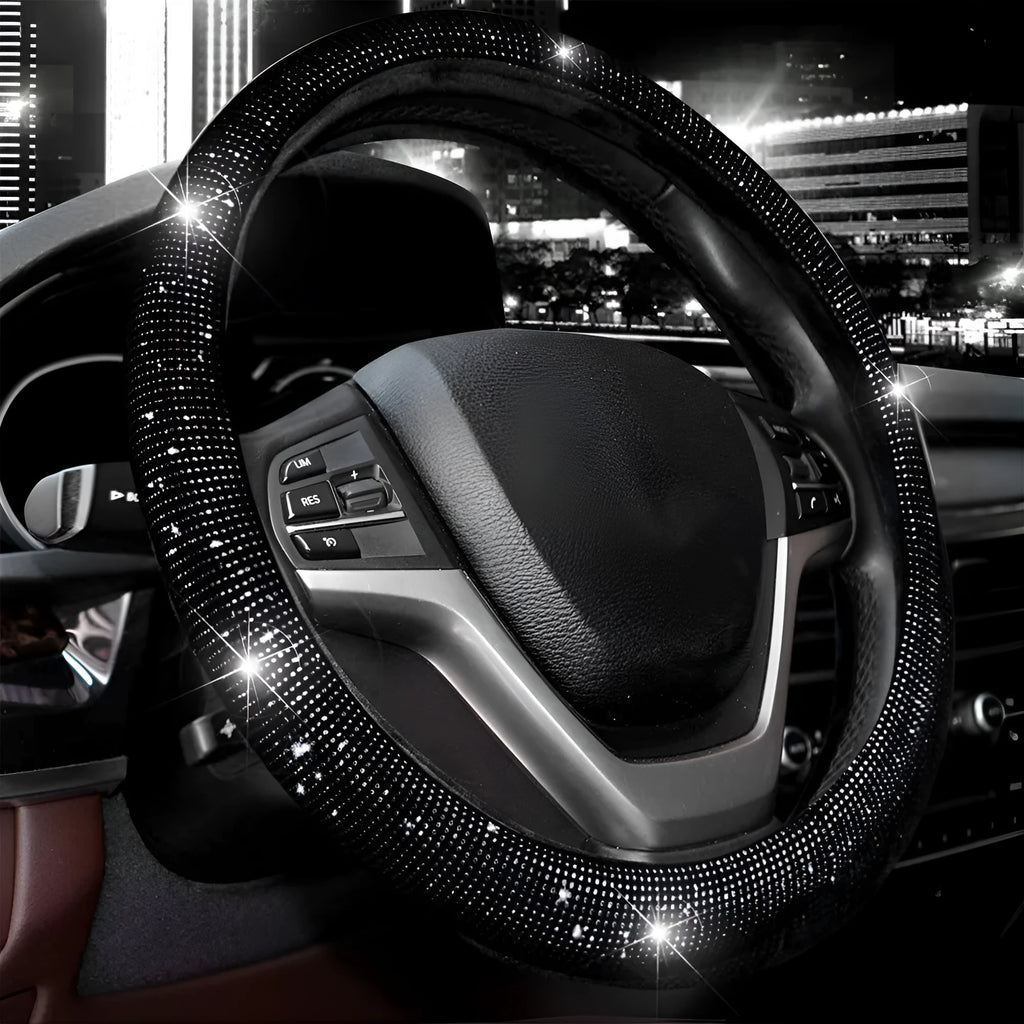Black rhinestone diamond steering wheel cover for 37-38cm wheels with shiny crystals