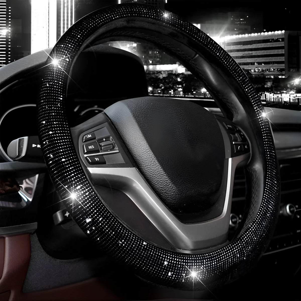 Black rhinestone diamond steering wheel cover for 37-38cm wheels with shiny crystals