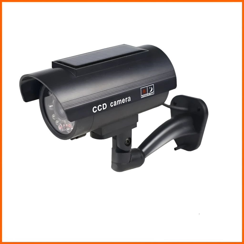 Black gun-style solar dummy camera with flashing red LED light for security deterrent