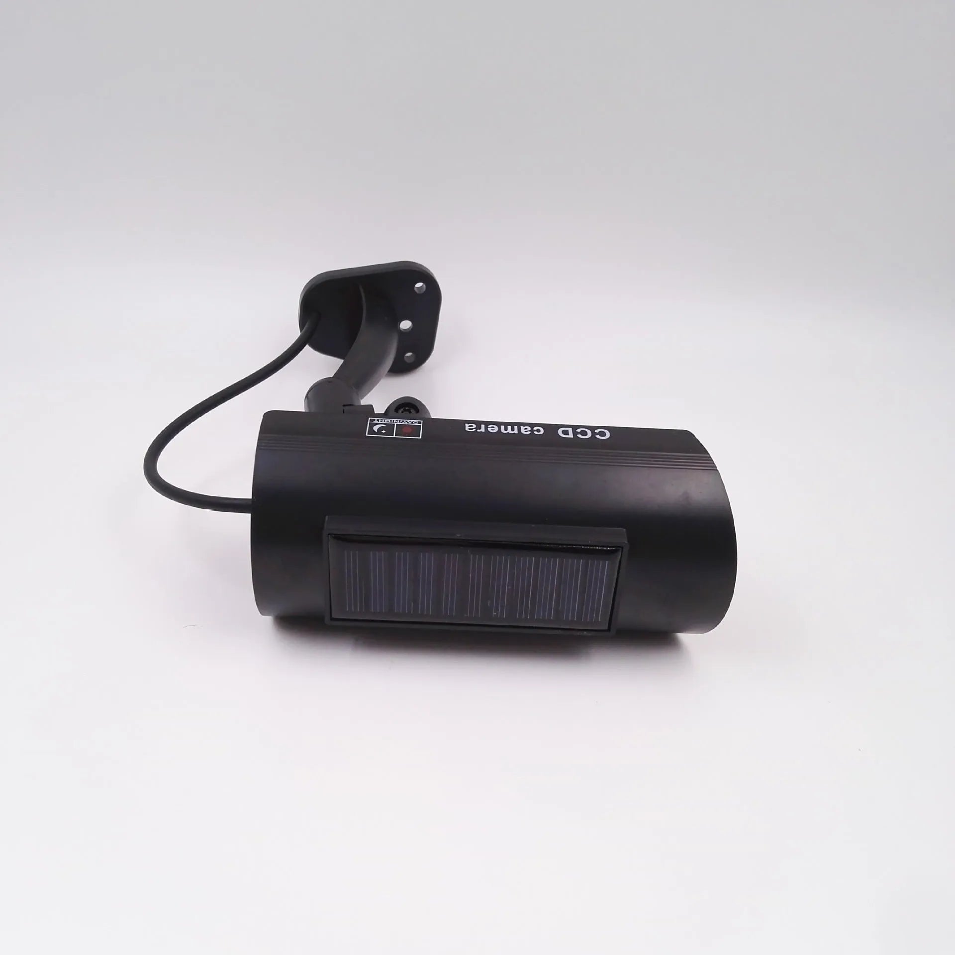 Black gun-style solar dummy camera with flashing red LED light for security deterrent