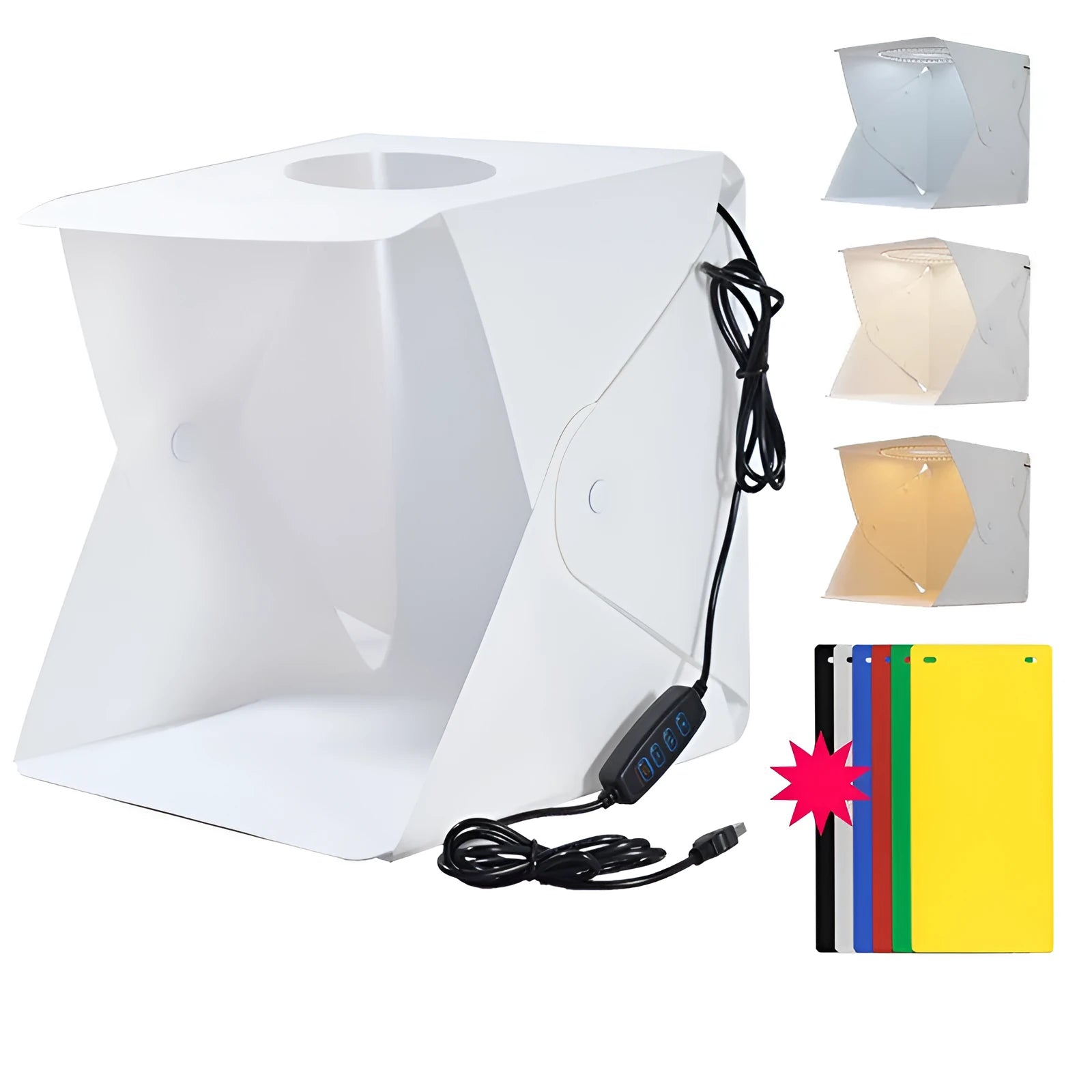 40cm folding studio LED soft light box with adjustable colour temperature and six coloured background cloths for photography