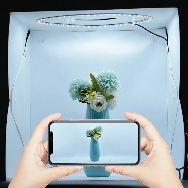 40cm folding studio LED soft light box with adjustable colour temperature and six coloured background cloths for photography