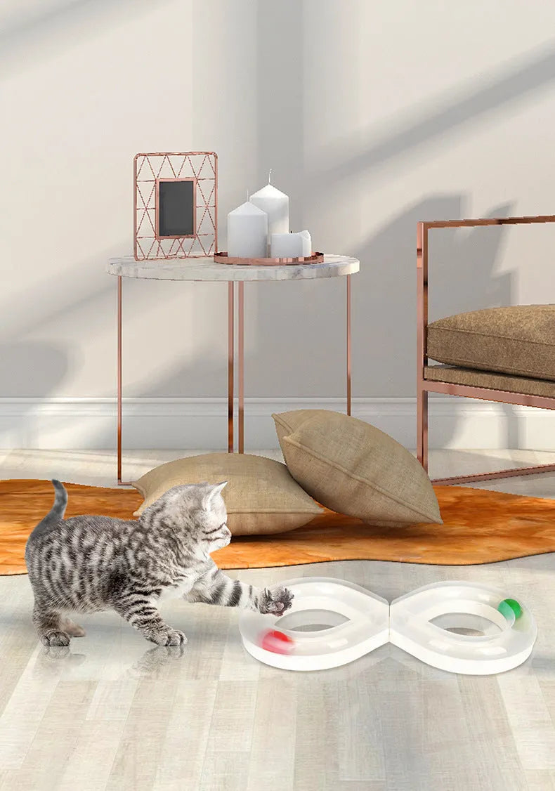 Cat toy turntable with interactive track ball dish in white and blue, size 50x24x5.5cm