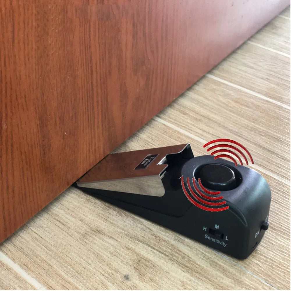 Black 120dB door stop alarm with stainless steel cover and wedge shape