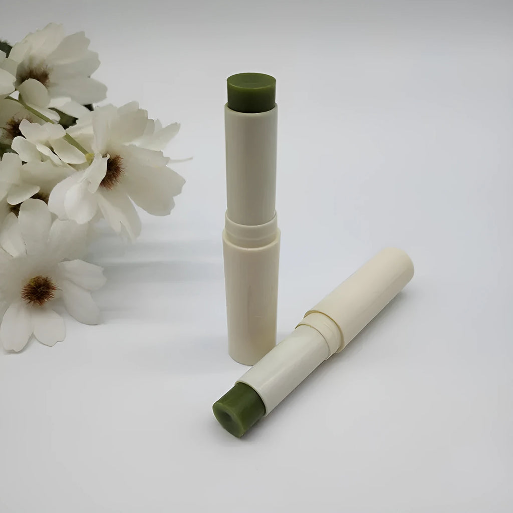 Green Juice VE lip balm in dark green tube, moisturising plant lip balm with vitamin E