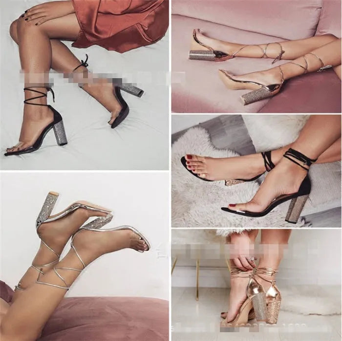 Women's black and gold pointed toe plastic stiletto high heels on a white background.
