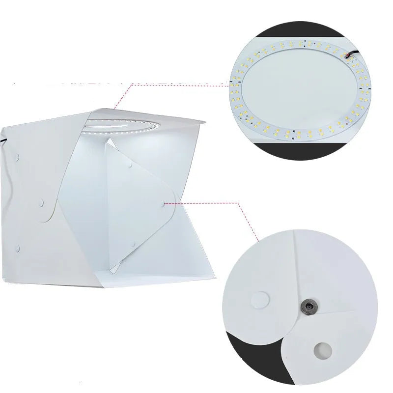 40cm folding studio LED soft light box with adjustable colour temperature and six coloured background cloths for photography