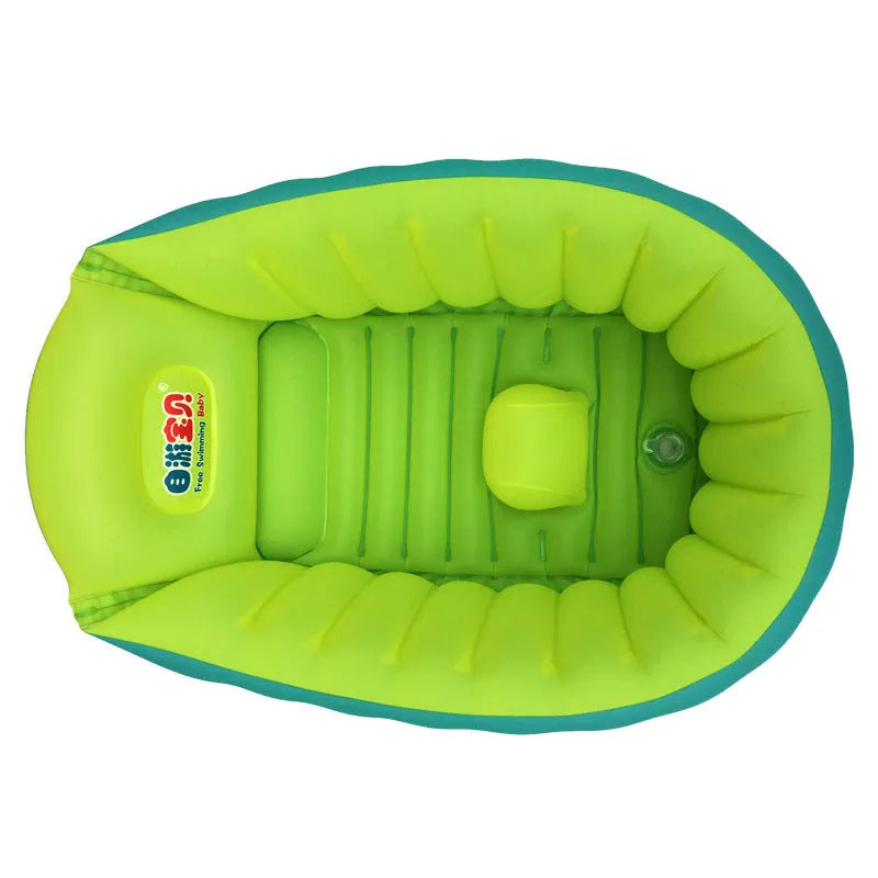 Inflatable baby bath tub in blue with central air column and rectangular design