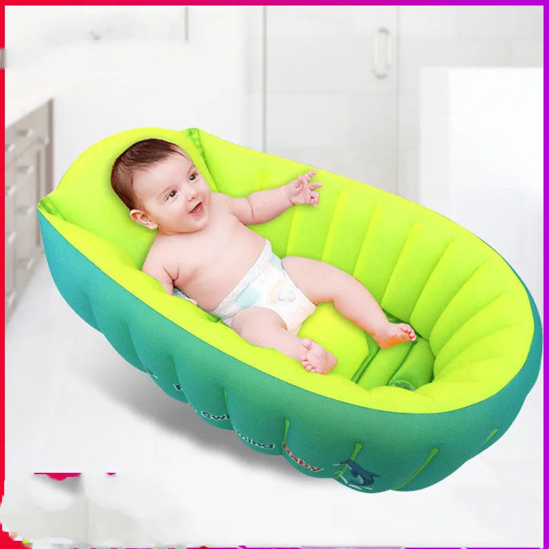 Inflatable baby bath tub in blue with central air column and rectangular design