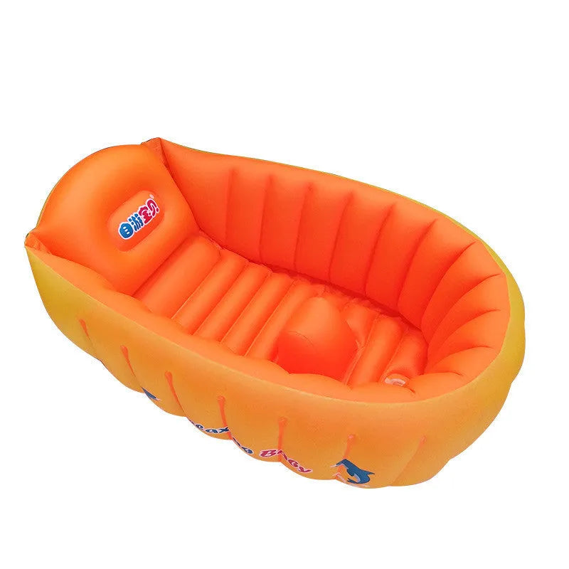 Inflatable baby bath tub in blue with central air column and rectangular design